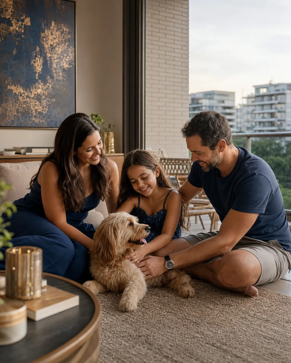 Família e pet em ambiente doméstico dentro do condomínio